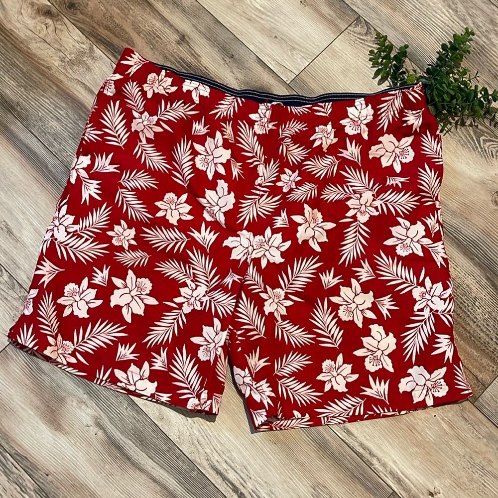Lands’ End Red Tropical Hawaiian Men’s XXL 44-46 Lined Swimtrunks